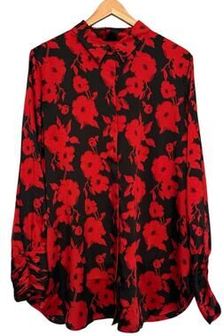 Chico's Sz L Button Down Shirt Floral Feminine Florence Mirage Red Black Classic